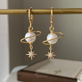 Pearl Planet and Star Huggie Hoop Earrings, Pearl Saturn Planet Earrings Dangle, Universe Statement Earrings